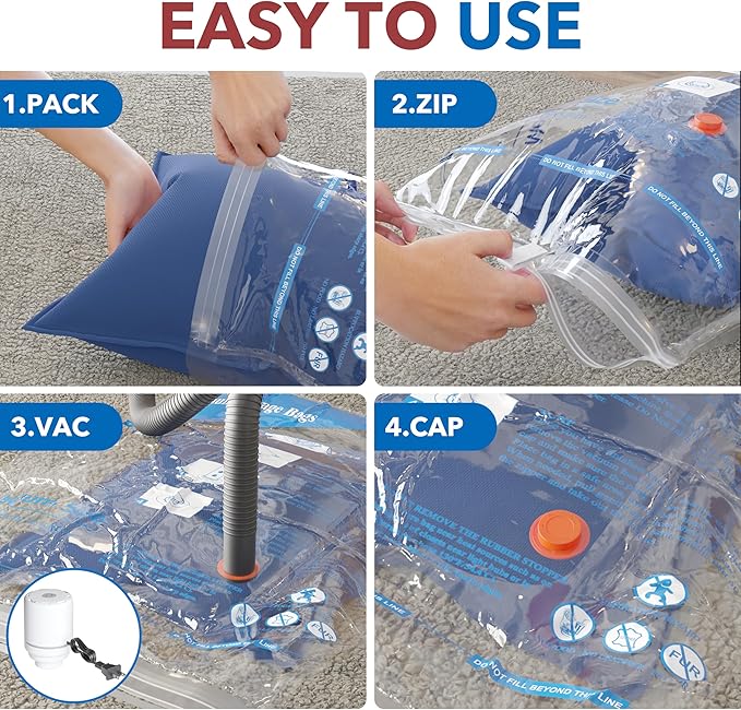 MEIQIHOME Vacuum Storage Bags, Space Saver Sealer Bags,Vacuum seal bags for clothing, Pillows, Comforters, Blankets, Bedding,Travel,8 Pack With Electric Pump