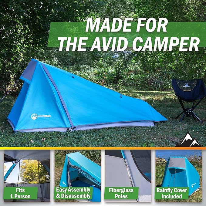 Single Person Tent - 1 Person Camping Tent with Rainfly and Carrying Bag - Lightweight Outdoor Bivy Bag Shelter for Backpacking, Hiking, or Camping Essentials by Wakeman Outdoors (Blue)