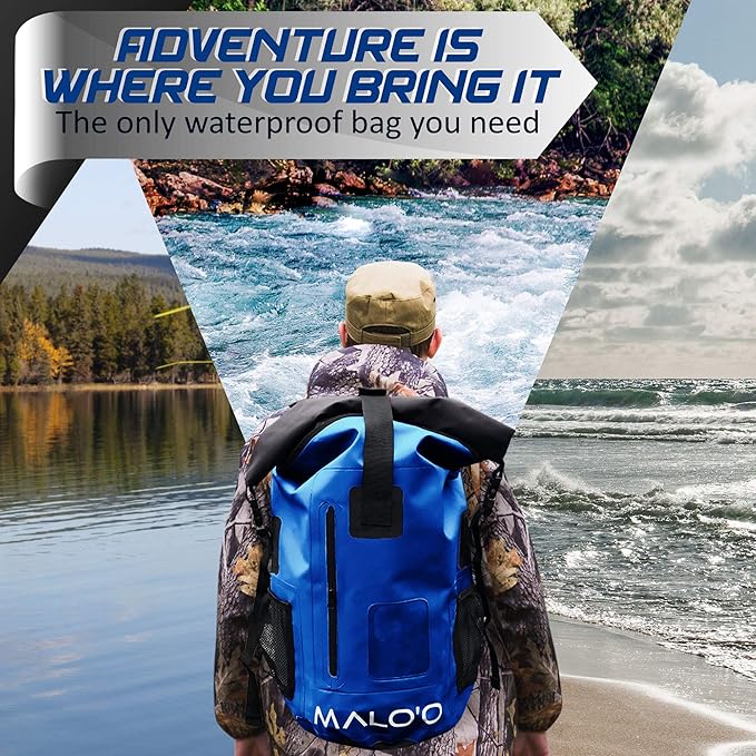 Malo’o DryPack 30L Waterproof Backpack, Roll-Top Dry Bag Backpack with Padded Straps, Floating Design for Beach, Kayaking, Fishing, Boating, Travel, and Water Sports, Dark Blue