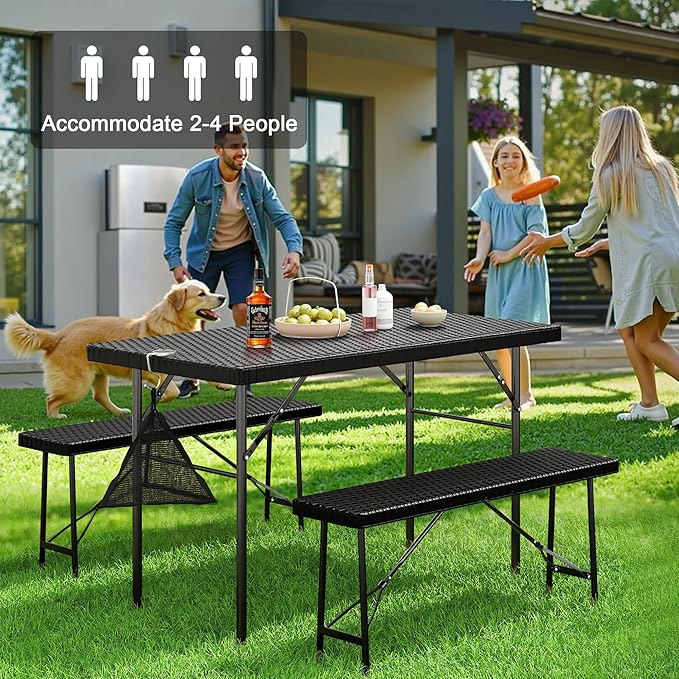 VECELO 3 Piece Folding Picnic Table with 2 Benches, 47.2" Faux Rattan Patio Set with Mesh Bag, Heat-Resistant & Waterproof, for Indoor Outdoor Use, Matte Black