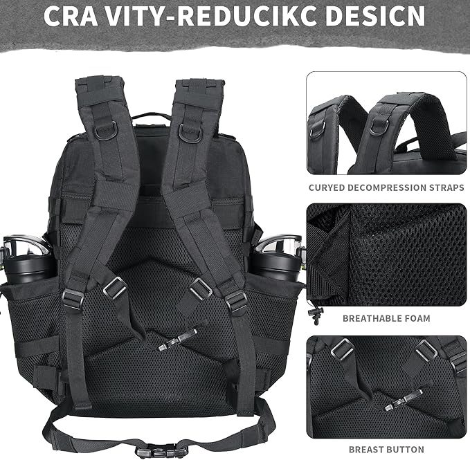 45L Military Tactical Backpacks 3 Days Assault Pack Bag Fitness Rucksack 3 Day Bug Out Bag Hiking Treeking Molle Daypack (Black)