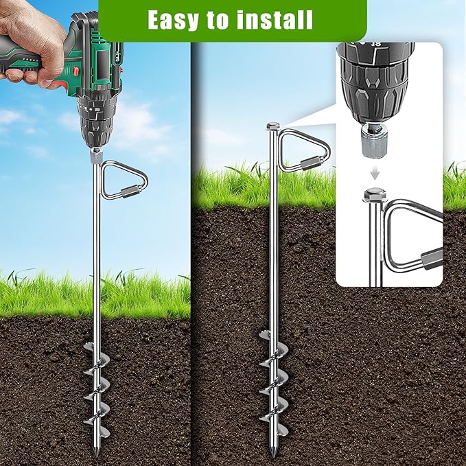 17" Ground Anchors with Chrome-Plated, Heavy-Duty for Trampolines, Tents, Mobile Homes, Swing Sets, Carports and Sheds with Reinforced Triangular Bracket for High Wind Resistance (4 Pack)