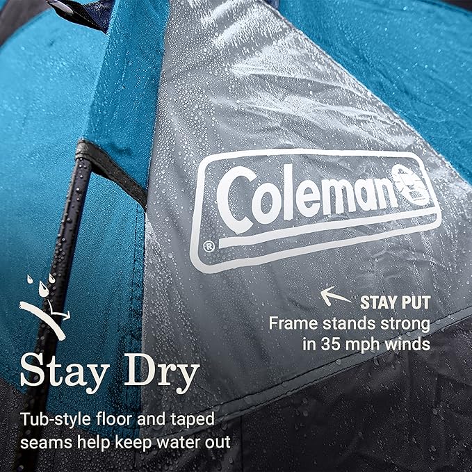 Coleman Camp Burst 4-Person Camping Tent, Umbrella-Style Pop-Up Tent with 45s Easy Setup, Dark Room Option Available, Tub Floor and Taped Seams Keep You Dry, 360° Views | Umbrella-Style, Pop-Up Tent, 45s Easy Setup, Tub Floor, Taped Seams