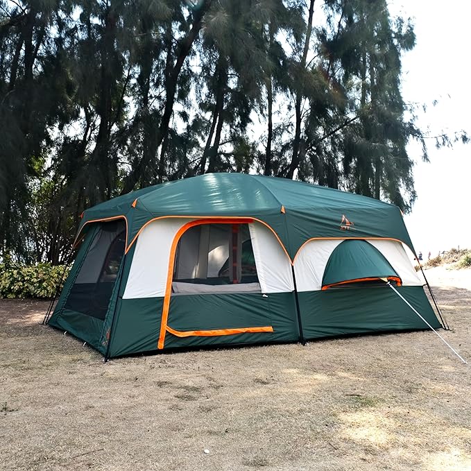 KTT Extra Large Tent 12 Person,Family Cabin Tents,Full Rainfly,2 Bay-Windows,2 Rooms and 3 Doors 3 Windows with Mesh,Waterproof,Straight Wall,Double Layer,Big Tent for Outdoor,Picnic,Camping