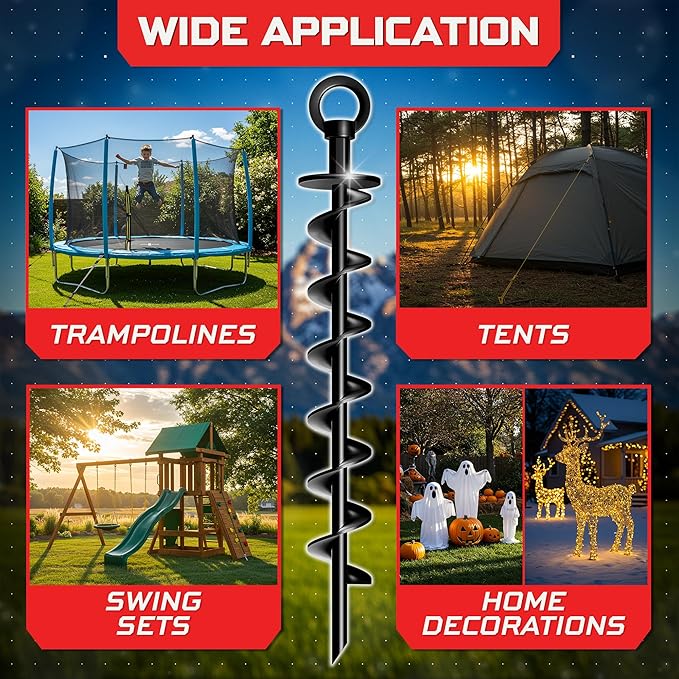 Happin® Heavy Duty Ground Anchors - Trampoline Anchors High Wind - Swing Set & Trampoline Stakes - Earth Anchors Screw in for Secure Hold - Stakes High Stability for Tents, Canopies & More (4 Pack)