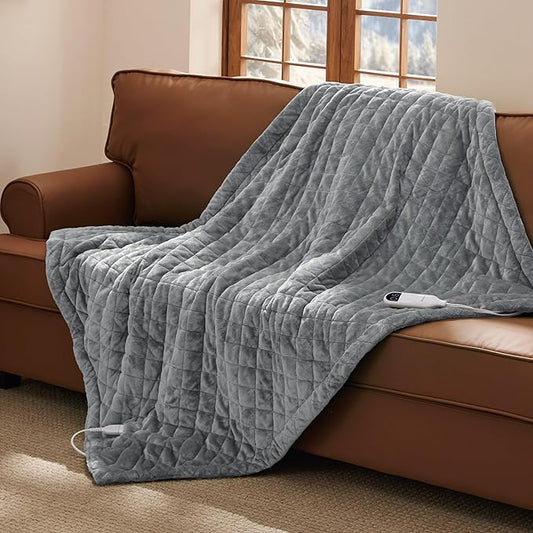 Bedsure Heated Blanket Throw Blanket - Quilted Electric Blanket, Soft Flannel Thick Heating Blanket with 4 Time Settings & 6 Heating Settings, Warm Gifts for Women Men (50x60 inches, Formal Gray)