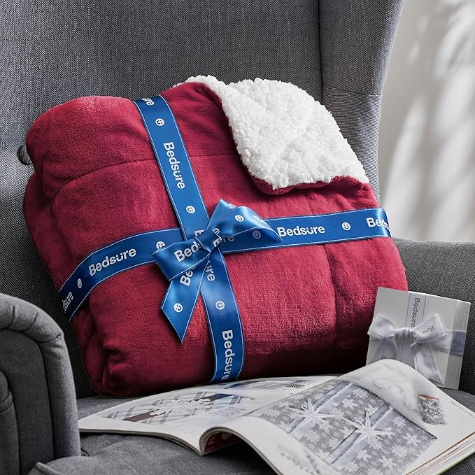Bedsure GentleSoft Sherpa Fleece Blankets Queen Size for Bed - Thick and Warm, Soft Fuzzy Plush Queen Christmas Blanket for Winter, Red, 90x90 Inches