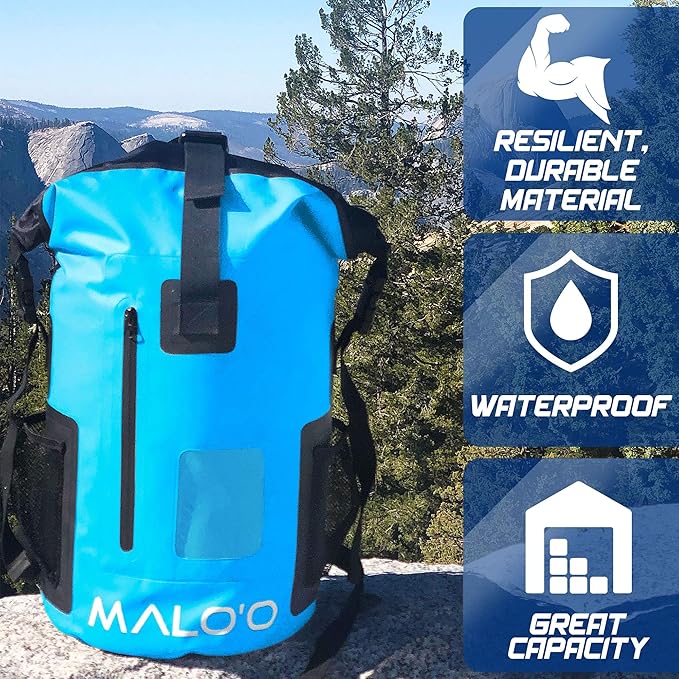 Malo’o DryPack 30L Waterproof Backpack, Roll-Top Dry Bag Backpack with Padded Straps, Floating Design for Beach, Kayaking, Fishing, Boating, Travel, and Water Sports, Blue