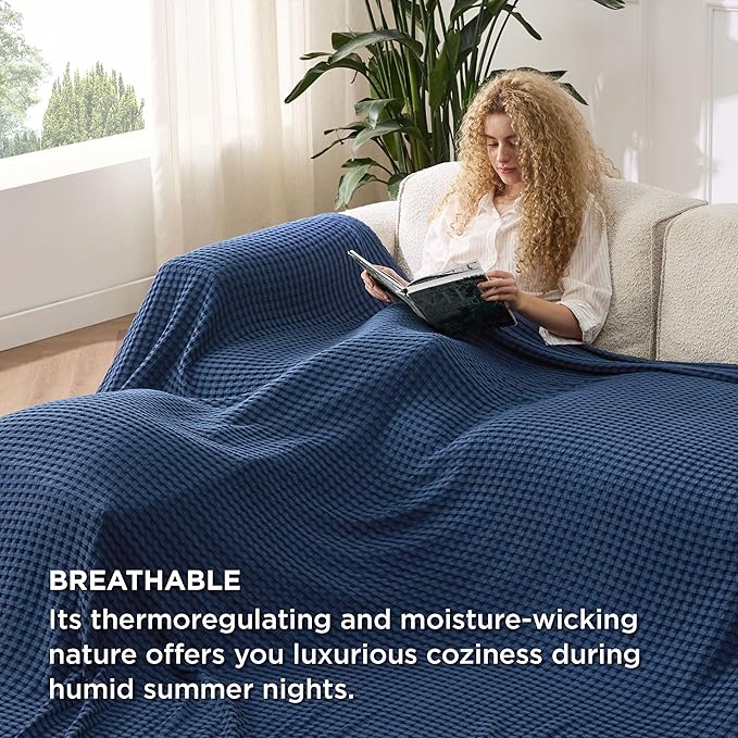 Bedsure Cooling Cotton Waffle Oversized King Blanket - Lightweight Breathable Rayon Derived from Bamboo for Hot Sleepers, Luxury Throws for Bed and Sofa, Navy, 120x96 Inches