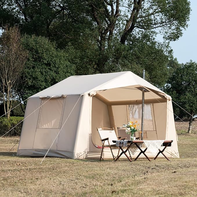 Inflatable Camping Tent with Hand Pump Waterproof Outdoor Blow up Tent 2-8 Person Oxford 4 Season Glamping Air Tent Cabin House with Mesh Windows & Door