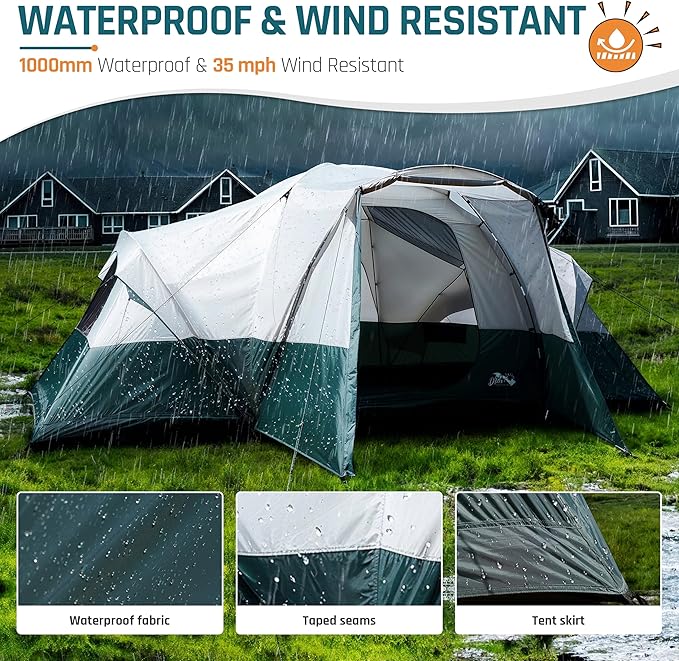 8/10/11 Person Camping Tent with Porch, Large Family Tents for Camping, PU1000MM Waterproof Tent with 5 Mesh Windows, Removable Rainfly, Reflective Windproof Rope, Big Dome Tent Fits 3 Queen Airbeds