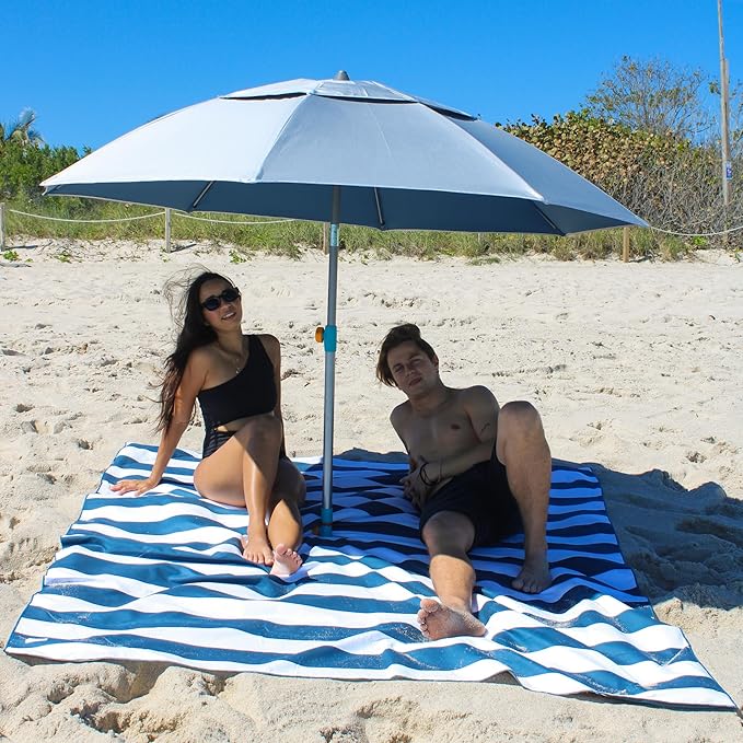 Plush Microfiber Beach Blanket, Extra Large Beach Mat for 3-6 Persons, Sandproof, Windproof | Hole for Umbrella, Corner Sand Pockets to Fight Wind (Bag for Blanket Included)