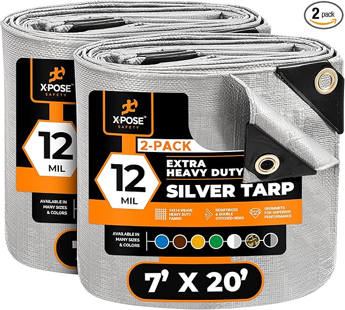Heavy Duty Silver Poly Tarp 7' X 20' (2-Pack) - Multipurpose Protective Cover - Durable, Waterproof, Weather Proof, Rip and Tear Resistant - Extra Thick 12 Mil Polyethylene - by Xpose Safety