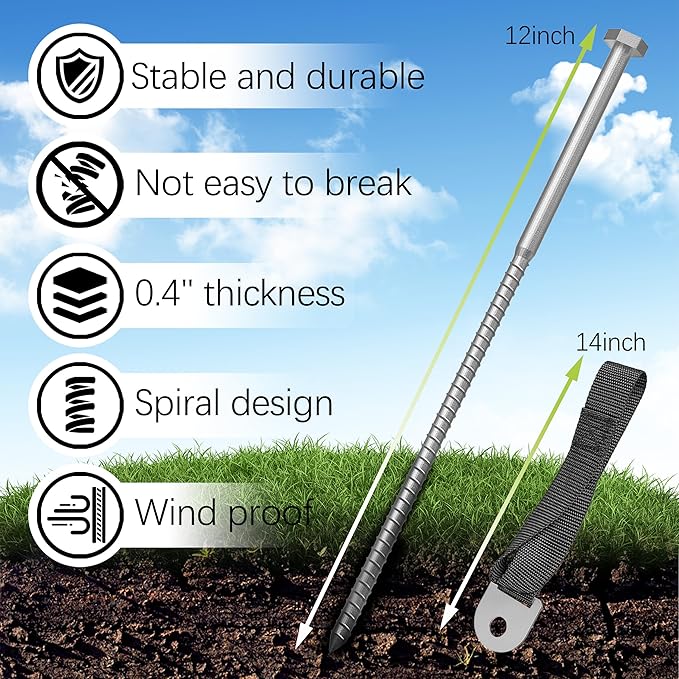 LuBanSir 8 Set of Trampoline Stakes Anchors High Wind, 12" Spiral Ground Stakes Kit Heavy Duty for Trampoline Swing Camping Tent Shed (Silver)