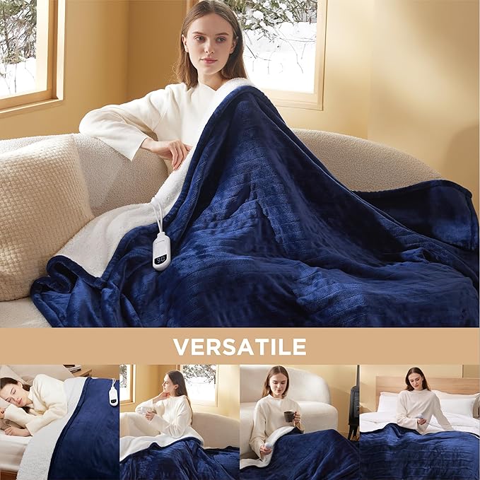 Bedsure Heated Blanket Throw Blanket - Fast Heating Electric Blanket, Soft Flannel Heated Throw with 4 Time Settings, 6 Heating Settings, Warm Gifts for Grandma Granpa (50x60 inches, Pageant Blue)
