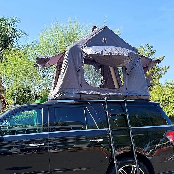 Nice C Inflatable Rooftop Tent with Air Mattress & Ladder, SUV Truck Car Tent for Camping, Easy Setup Pop-Up Camping Car Roof Tents with Pump, Waterproof Windproof Overland Tents (Black&Grey)
