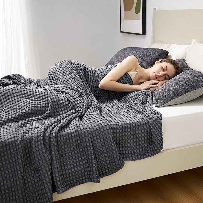 Bedsure Cooling Cotton Waffle Full Size Blanket - Lightweight Breathable Blanket of Rayon Derived from Bamboo for Hot Sleepers, Luxury Throws for Bed, Couch and Sofa, Dark Grey, 80x90 Inches