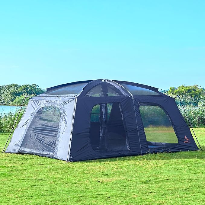 KTT Extra Large Tent 12-14 Person,Family Cabin Tents,2 Rooms,Straight Wall,2 Doors 4 Windows with Mesh,Waterproof,Straight Wall,Big Tent for Outdoor,Picnic,Camping,Gathering(Brown)