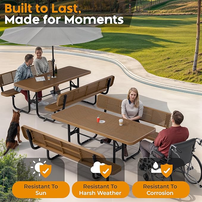 Metal Picnic Furniture for Outdoors with Umbrella Hole - Coated Steel Heavy Duty Commercial Grade Table with Adjustable Seats, Patio Set for a Lifetime (Brown, 6' Rectangular with Back)