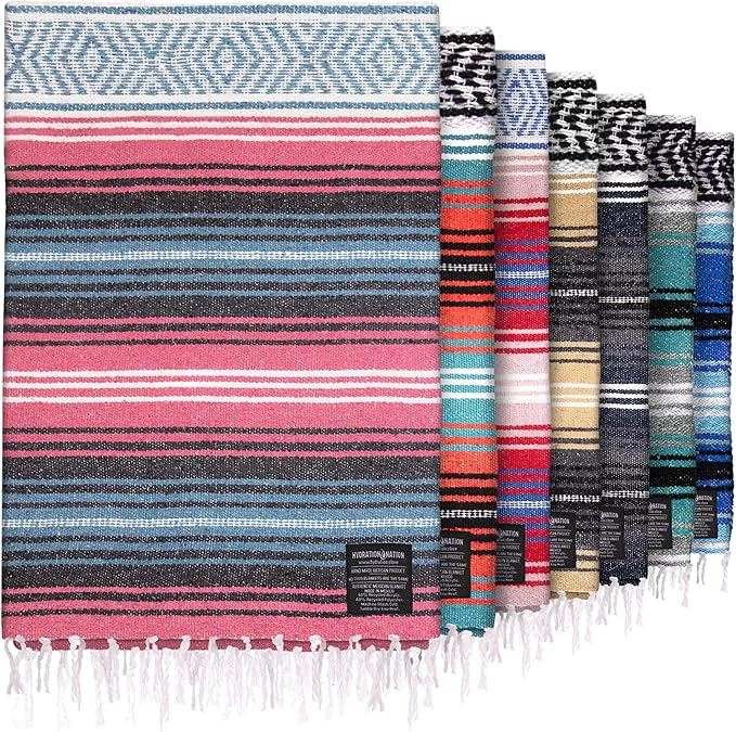 Hydration Nation Authentic Large Handwoven Mexican Striped Throw Blanket - Soft, Durable, Eco-Friendly - 70"x50" - Azure