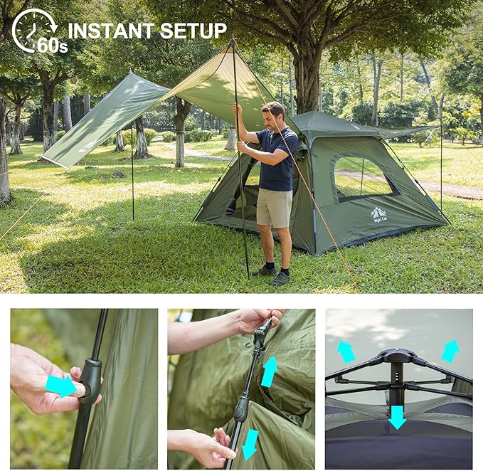 Night Cat 3-Person Camping Tent: Waterproof Instant Cabin Tent with Canopy Tarp for Family, 2-in-1 Canopy Tent with Porch Easy Setup