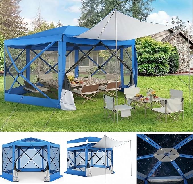 COBIZI 12x12FT Pop Up Gazebo Screen Tent Screen House for Camping, Screen Room with Mosquito Netting, Hub Tent Instant Screened Canopy with Carrying Bag and Ground Stakes, Blue