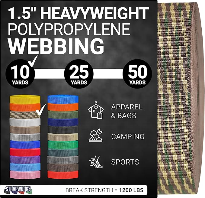 Strapworks Heavyweight Polypropylene Webbing - Heavy Duty Poly Strapping for Outdoor DIY Gear Repair, 1.5 Inches