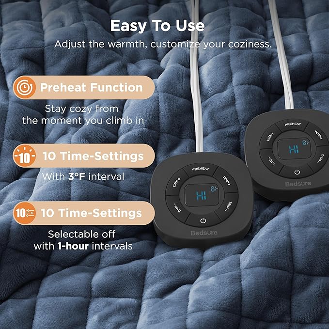 Bedsure Electric Blanket King Size - Dual Control Heated Blanket King with 10 Heat Settings, Thick Heating Blanket with 10 Time Settings, Fast Heating Quilted Blanket (100x90 inches, Bering Sea)