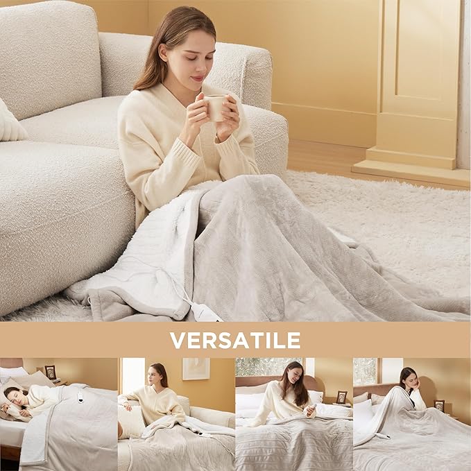 Bedsure Heated Blanket Throw Blanket - Fast Heating Electric Blanket, Soft Flannel Heated Throw with 4 Time Settings, 6 Heating Settings, Warm Gifts for Grandma (50x60 inches, Cream)