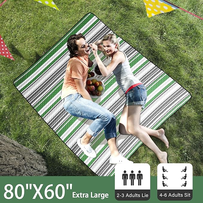 HX&OD Large Picnic Blanket Outdoor 80”x60” Waterproof Picnic Mat Foldable 3-Layer Camping Blanket Portable with Carry Strap Park Blanket for Grass(Green)