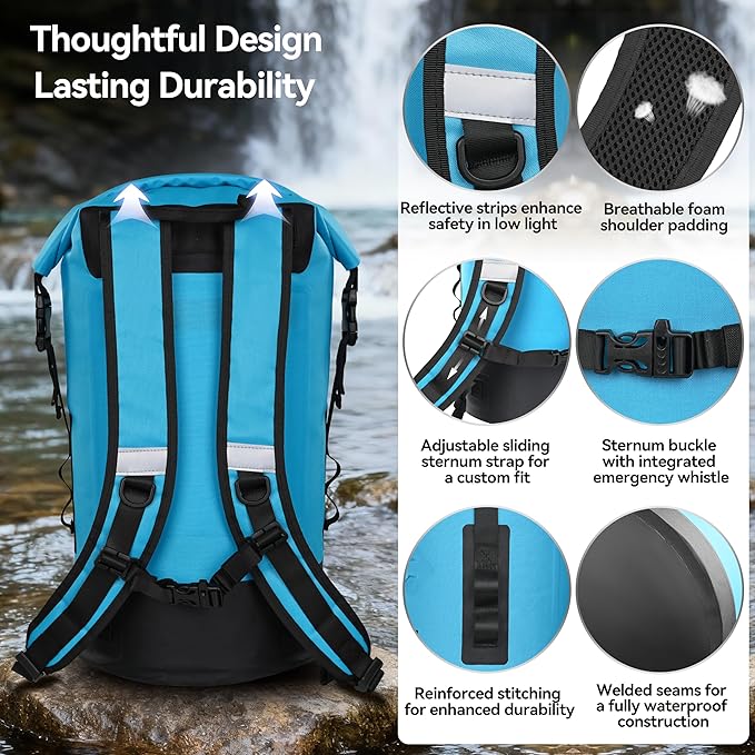 MARCHWAY Floating Roll Top Dry Bag, Flexible Lightweight TPU Waterproof Backpack 20L/30L/40L with Padded Straps for Boating, Kayaking, Swimming, Hiking, Beach (Blue, 20L)