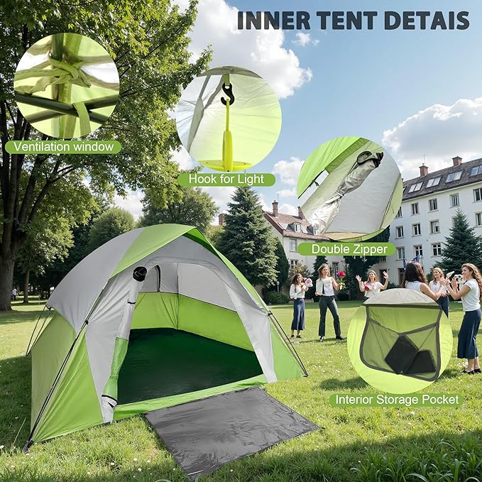 XL 6 Person Dome Camping Tent, Double Layer Waterproof, Removable Rain Fly, for Outdoor Hiking, Fishing (6 People Green)