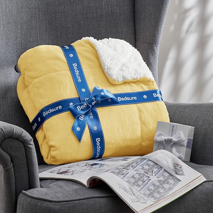 Bedsure GentleSoft Sherpa Fleece Blankets Queen Size for Bed - Thick and Warm, Soft Fuzzy Plush Queen Blanket for Winter, Yellow, 90x90 Inches