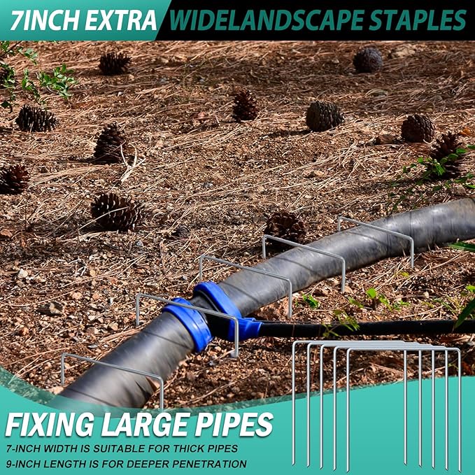 50 Pack Heavy Duty Wide Landscape Staples, 7 Gauge Galvanized Steel Turf Stakes Garden Stakes Bulk, U Type Anchor for Grass, Securing Weed Barrier Fabric, Pipes, Sod (9"x7")