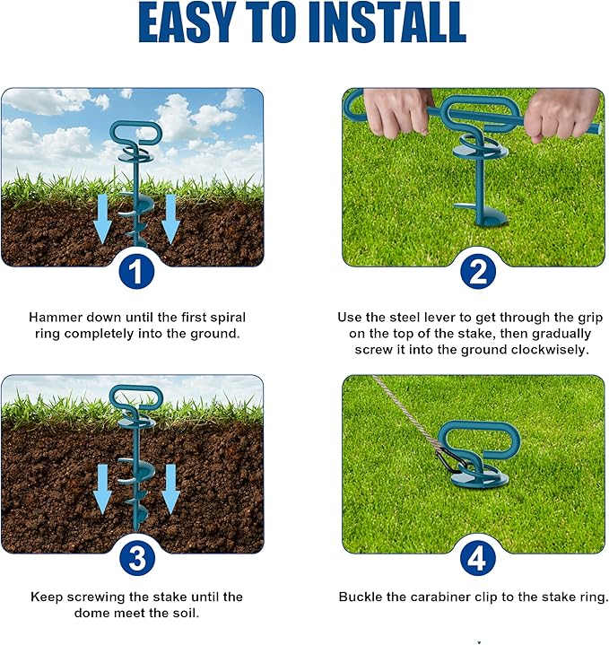 Eurmax USA Dog Tie Out Stake Triple Lock Heavy Duty Dog Anchor for Large Dogs Trampoline Stakes Dog for Yard and Outdoor Dog Runner Install & Travel Kit Included,1-Pack(Navy Blue)