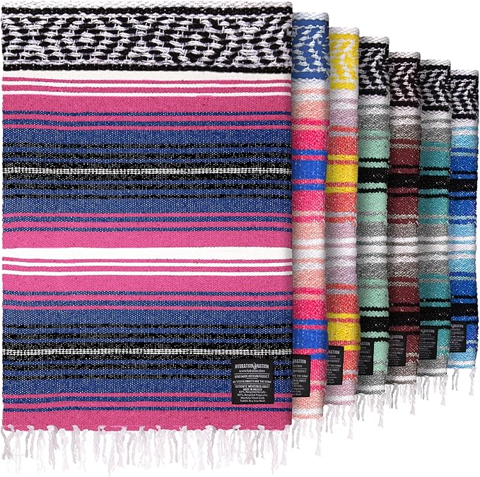 Hydration Nation Authentic Extra Large Mexican Blanket (70"x50") - Handwoven Yoga, Serape- Artisanal Falsa, Beach, Camping, Picnic, Outdoor - Twilight