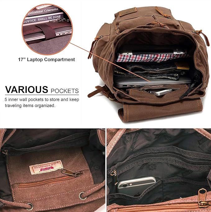 HuaChen Vintage Canvas Travel Backpack with Leather Trim, Laptop Padded Sleeve, Hidden Back Security Pocket, Fits 15-Inch, M32 Coffee Large