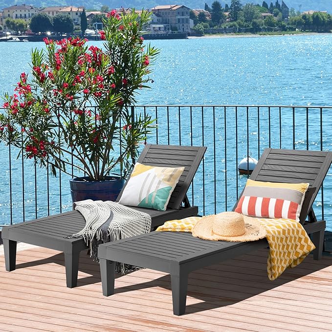 Tangkula Outdoor Chaise Lounge Chair, Lightweight Patio Lounge Recliner Chair with Adjustable Backrest, 5 Reclining Positions Chaise Lounger for Patio, Beach, Balcony, Poolside, Backyard (2, Black)