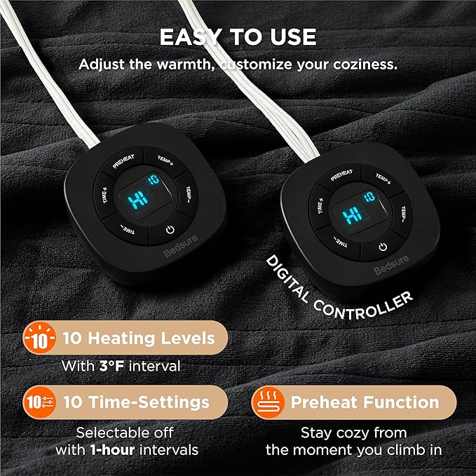 Bedsure Electric Blanket King Size - Dual Control Heated Blanket King Size, Fast Heating with 10 Time Settings & 10 Heat Settings, Warm Gift for Grandma (100x90 inches, Black)