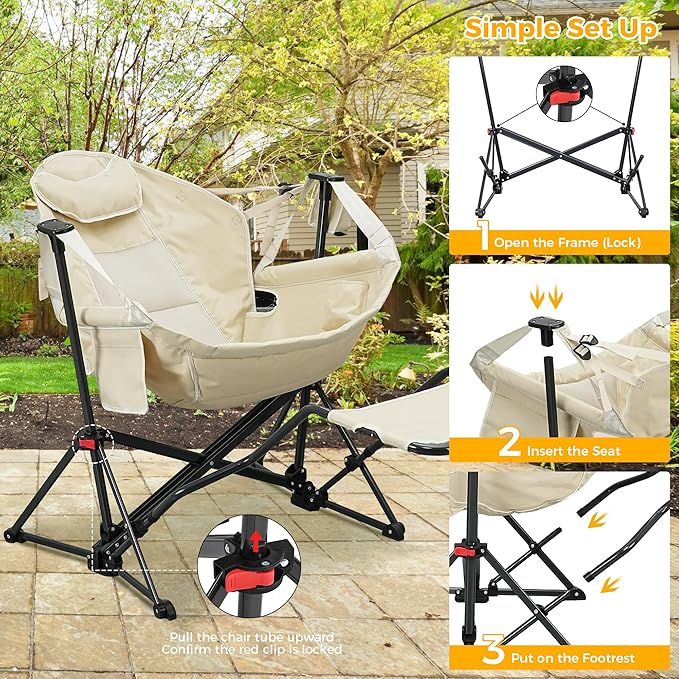 Ainfox Hammock Camping Chair with Footrest, Foldable Portable Rocking Chairs for Adults Outside Swinging Camp with Cup Holder Pillow for Outdoor Patio Poolside (Beige)