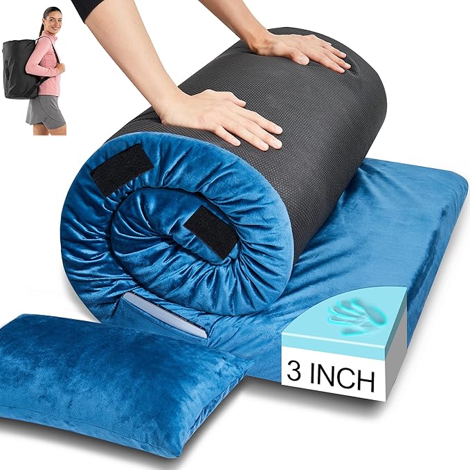 3 Inch Memory Foam Camping Mattress Pad, Dual Layer Thick Sleeping Camp Mat for Sleepover Car Tent, Portable Roll Up Mattress for Adults with Travel Bag