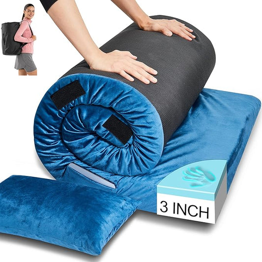 3 Inch Memory Foam Camping Mattress Pad, Dual Layer Thick Sleeping Camp Mat for Sleepover Car Tent, Portable Roll Up Mattress for Adults with Travel Bag