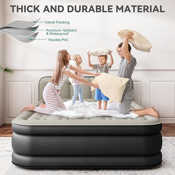 YITAHOME 18'' Flocked Top Queen Air Mattress with Built-in Pump and Headboard, Durable Inflatable Bed, Blow-Up Mattress for Indoor and Outdoor Use, Black