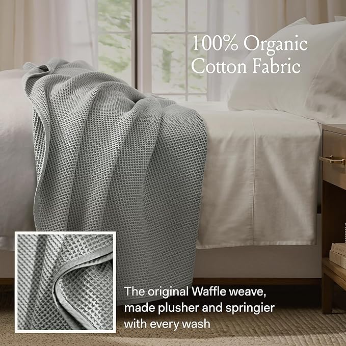 BOLL & BRANCH Waffle Bed Blanket - Full/Queen, Mineral - Luxury 100% Organic Cotton - Soft, Lightweight and Breathable - Textured Waffle Weave Design
