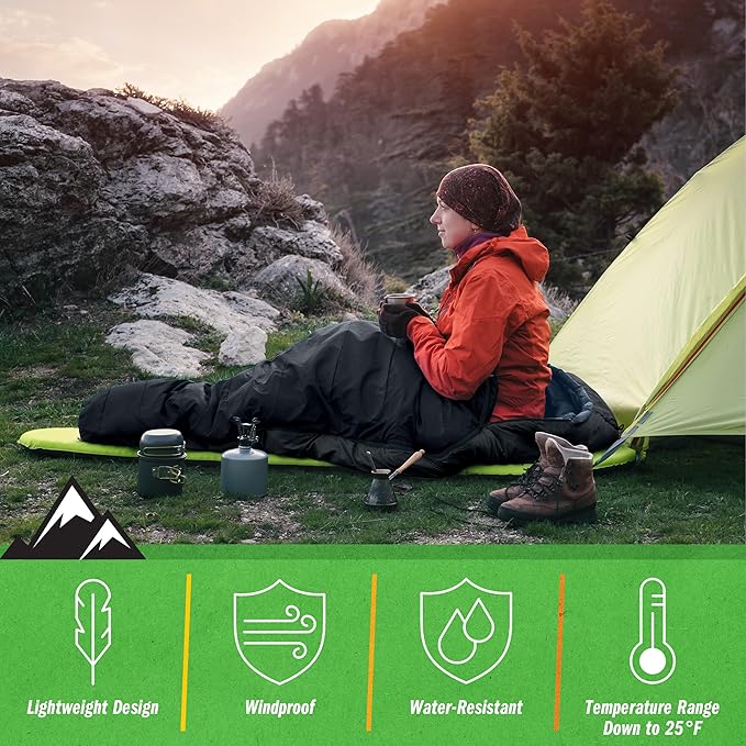 Mummy Sleeping Bag - Adult Cold Weather Sleeping Bag Rated to 25°F - Waterproof with Drawstring Hood - Camping Equipment by Wakeman Outdoors