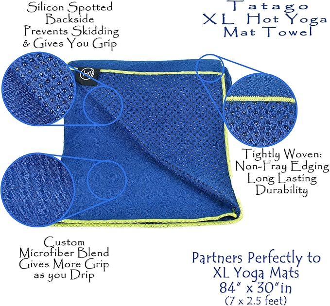 Tatago Hot Yoga Mat Towel Non Slip for Hot Yoga (72-84 inch Mats) Our Hot Yoga Towel Non Slip Silicone Dabs & Absorbent Microfiber Blend Gives You More Grip As You Drip! (Azuloro, XL - 84")