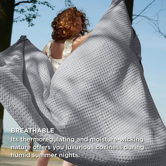 Bedsure Cooling Cotton Waffle Full Size Blanket - Lightweight Breathable Blanket of Rayon Derived from Bamboo for Hot Sleepers, Luxury Throws for Bed, Couch and Sofa, Grey, 80x90 Inches
