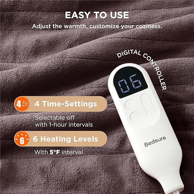 Bedsure Heated Blanket Throw Blanket - Fast Heating Electric Blanket, Soft Flannel Heated Throw with 4 Time Settings, 6 Heating Settings, Warm Gifts for Grandma Granpa (50x60 inches, Brown)