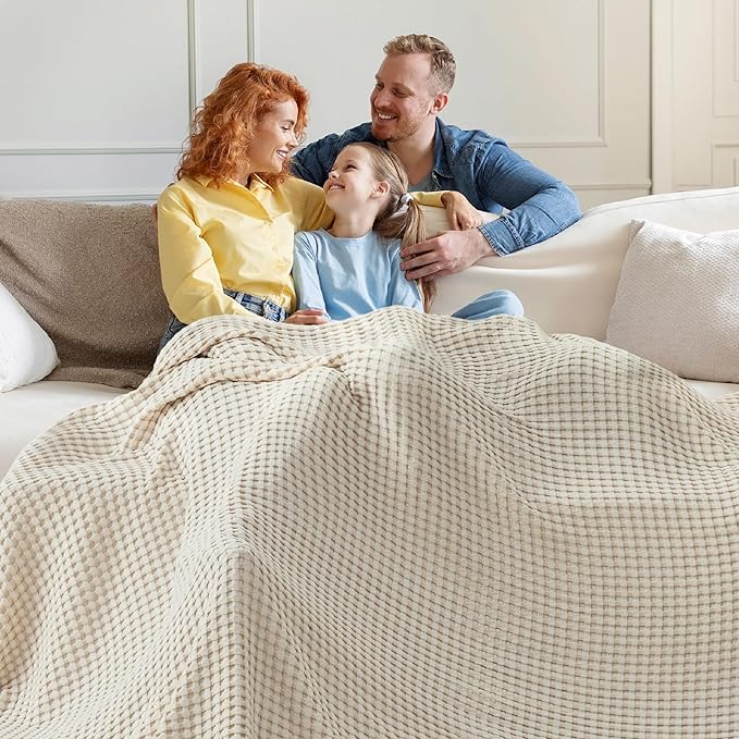 Bedsure Cooling Cotton Waffle Oversized King Blanket - Lightweight Breathable Blanket of Rayon Derived from Bamboo for Hot Sleepers, Light Beige, 120x96 Inches