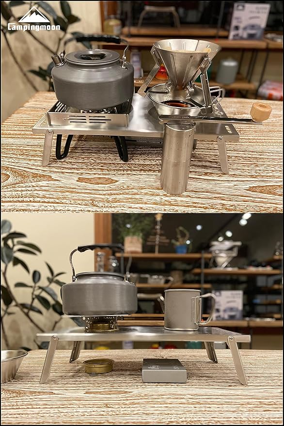 CAMPINGMOON Solo Camping Table Small Tabletop Heat Shield Windshield Stainless Steel Lightweight Compact with Storage Bag for ST-310 Alcohol Stove SK-310CP (Silver)